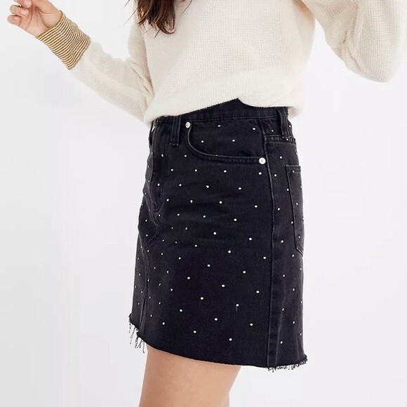 Madewell Rigid Denim A-Line Mini Skirt Metallic Dots Edition Black Jean 24 XS - Picture 6 of 16